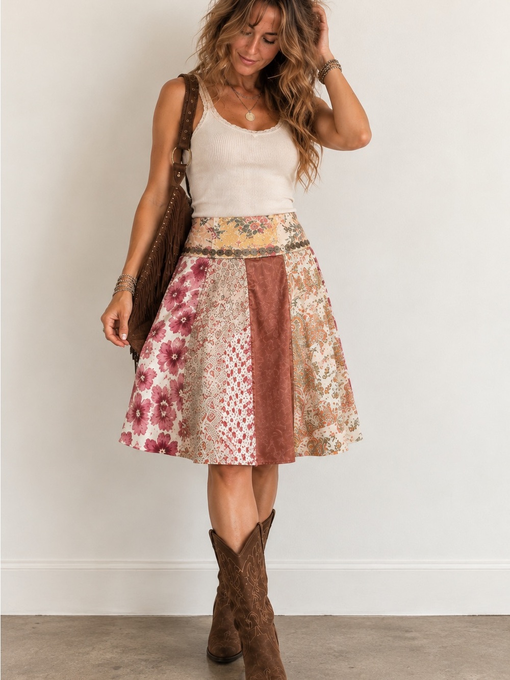 Y2K Studio Y Patchwork Midi Skirt Size XL Boho Floral Sequins Cotton India Artsy